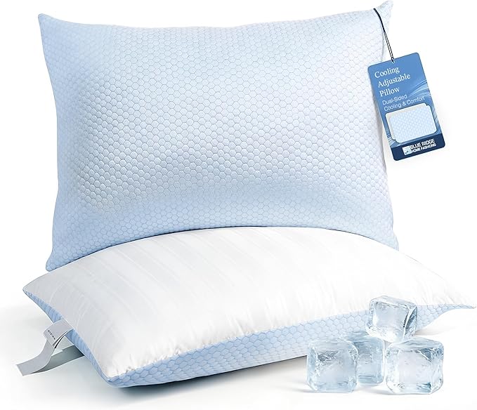 Blue Ridge Home Fashions Luxury Hotel Quality Cooling Pillows King Size Set of 2, Soft Medium 500 Thread Count Damask Stripe Embroidered 100% Cotton Cover, Down Alternative