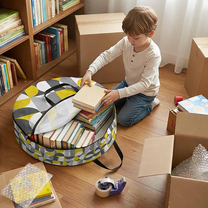 Storage Bag Mid Century Geometric Round Storage Totes Bins Closet Organizers with Zippers & Handle Abstract Modern Yellow Gray Clothes Storage Container for Bedroom Dorm Space Saving Packing Supplies