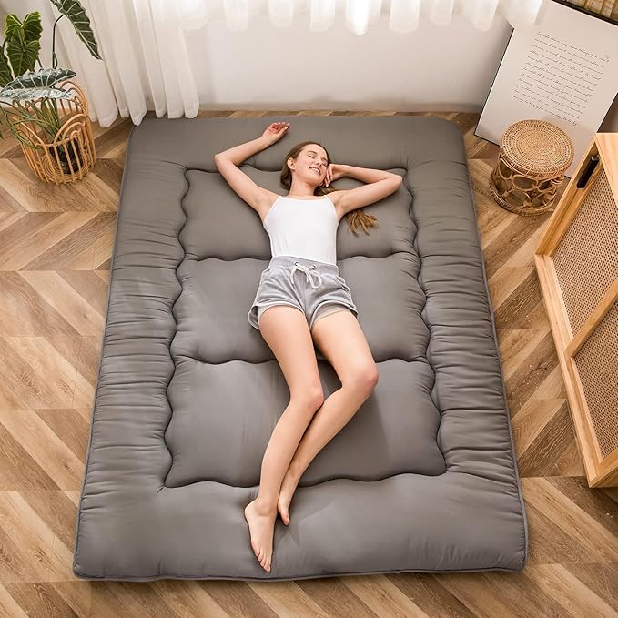 MAXYOYO Japanese Floor Mattress Futon Mattress, Thicken Tatami Mat Sleeping Pad Foldable Roll Up Mat for Boys Girls Dormitory Kids Floor Couch, Charcoal Grey, Twin