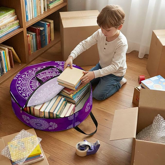 Storage Bag Purple Boho Round Storage Totes Bins Closet Organizers with Zippers & Handle Gorgeous Bohemian Flower Clothes Storage Container for Bedroom Dorm Space Saving Packing Supplies Moving Bags