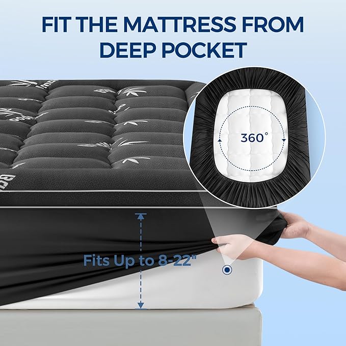 Mattress Topper Twin Size, Cooling Extra Thick Breathable Viscose Made from Bamboo Mattress pad, Soft Quilted Fitted Mattress Cover with 1000 GSM Down Alternative Fill (8-21”Deep Pocket) Dark Gray