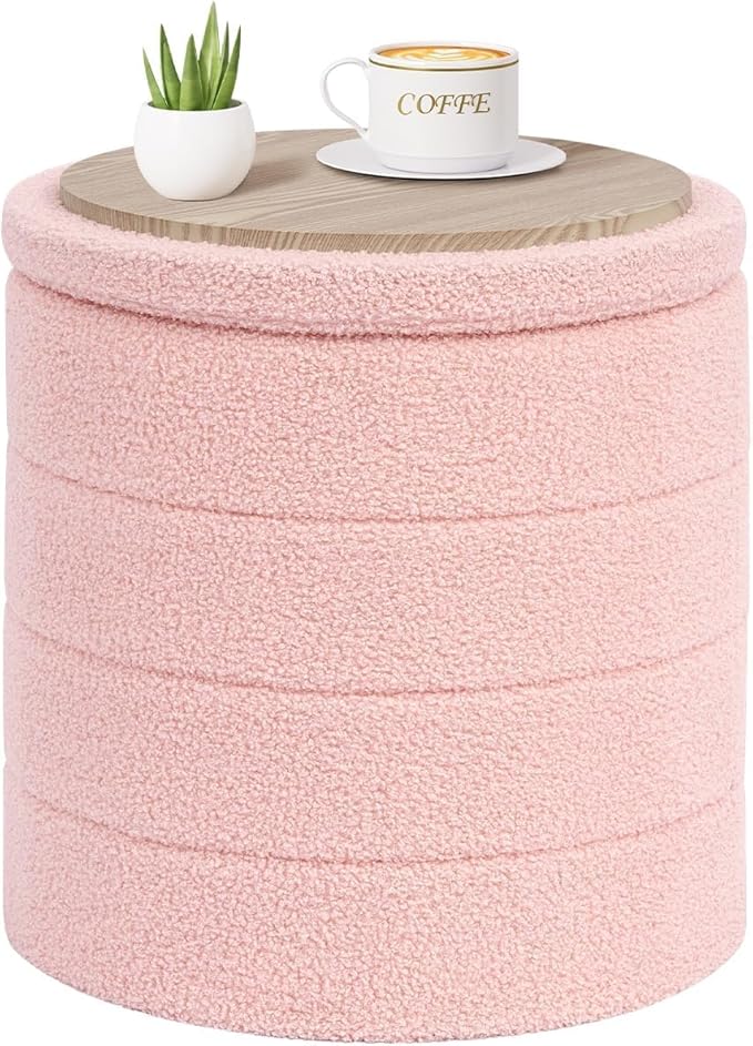PINPLUS Round Storage Ottoman Foot Rest Stool with Tray Velvet Sherpa Folding Storage Ottoman,Boucle Foot Rest for Living Room, Bedroom, Dorm,Pink Color