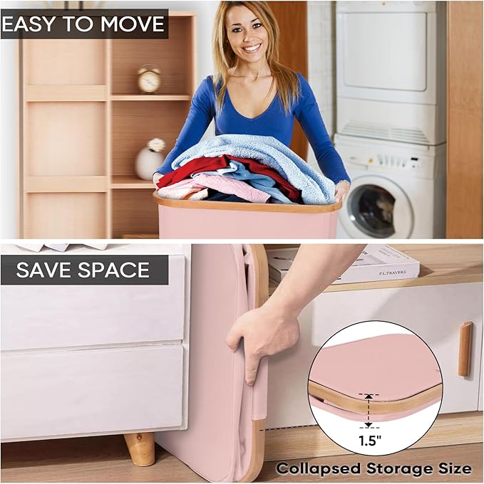 BALEINE Laundry Hamper with Lid, Tall Laundry Baskets with Bamboo Pull Handles, Large Laundry Bin with Internal Support (26 Gal/100L, Pink Pinstripe)