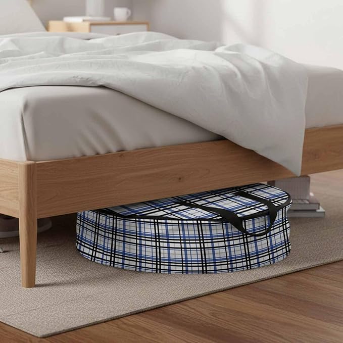 Storage Bag Blue Black Buffalo Plaid Round Storage Totes Bins Closet Organizers with Zippers & Handle Check Stripe Clothes Storage Container for Bedroom Dorm Space Saving Packing Supplies Moving Bags