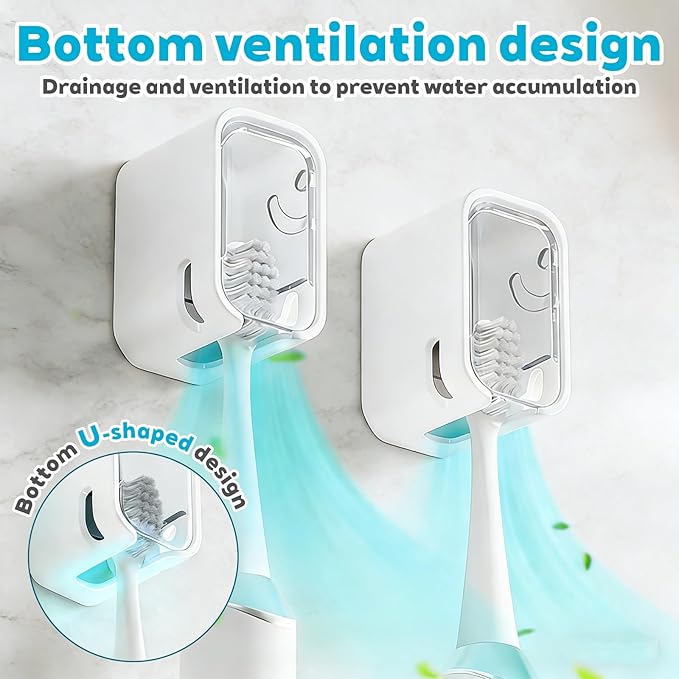 Bathroom Toothbrush Holder 2-Pack, Wall-Mounted with Cover, Single Toothbrush Storage Organizer, Suitable for Home and Travel (Clear)