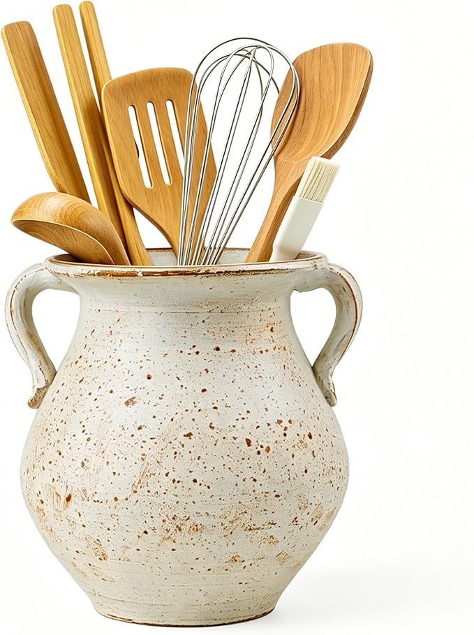 Rustic Kitchen Utensil Holder for Countertop, 7.6x4.9In Large Ceramic Cooking Utensil Crocks for Countertop, with non-slip pads, Morden Farmhouse Vintage Kitchen Counter Decor