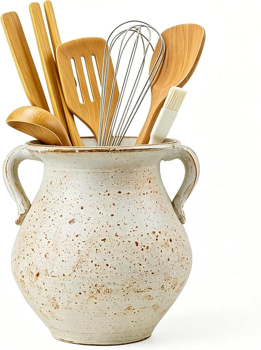 Rustic Kitchen Utensil Holder for Countertop, 7.6x4.9In Large Ceramic Cooking Utensil Crocks for Countertop, with non-slip pads, Morden Farmhouse Vintage Kitchen Counter Decor
