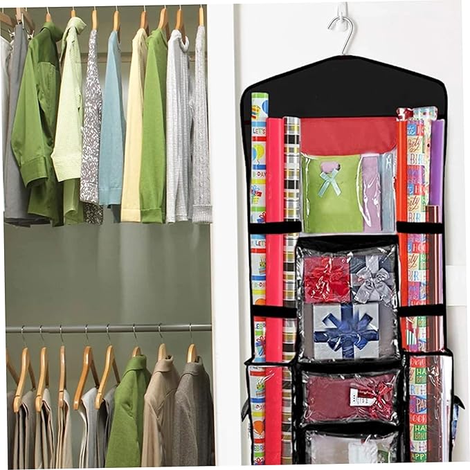 Black Double Sided Hanging Wrapping Paper Storage, Wrapping Paper Storage Box, Over The Door Wrapping Paper Holder Wrapping Paper Storage Bag Gift Wrap Storage Bag for Closet, Door