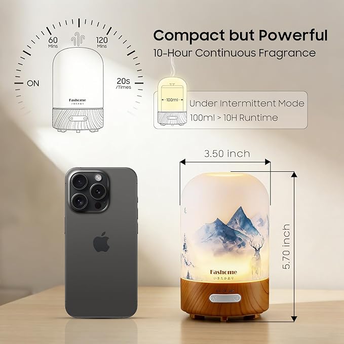 Essential Oil Diffuser, Hand Blown Glass Aromatherapy Diffuser, Ultrasonic Cool Mist Scent Aroma Humidifier, Diffuser Oil Machine Whisper Quiet with Auto Shut-Off for Home Bedroom Office(<25dB)