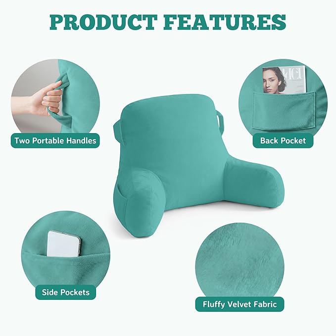 Unisakey Portable Comfy Reading Pillows for Bed Sitting Up(Lake Blue Oeko-Tex), Velvet Back Pillow with Arms & Pockets for Adults, Support Memory Foam Bed Pillow for Dorm/Reading/Watching/Gaming