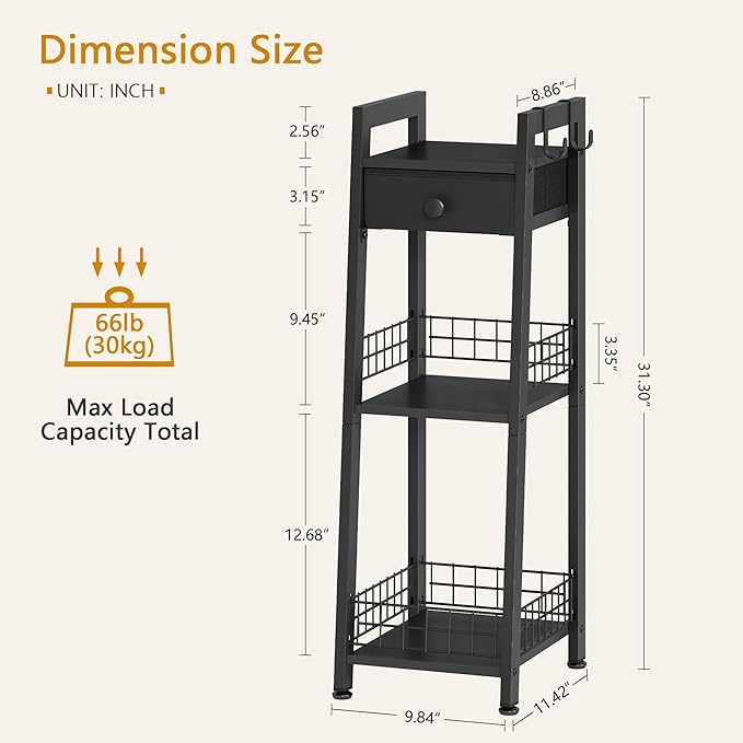 Gewudraw 3-Tier Narrow Ladder Shelf with Drawer, Bathroom Table Stand for Small Space, Narrow Bathroom Standing Shelves with Storage for Living Room Bedroom Kitchen, Black
