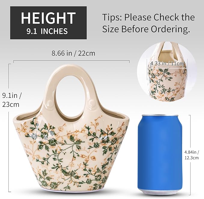 for Mom from Daughter or Son, Ceramic Purse Vase 9”, Vintage Green & Beige Floral Handbag Vase, Rustic Farmhouse Decor for Living Room, Bedroom, Table Centerpiece, Chinoiserie Style