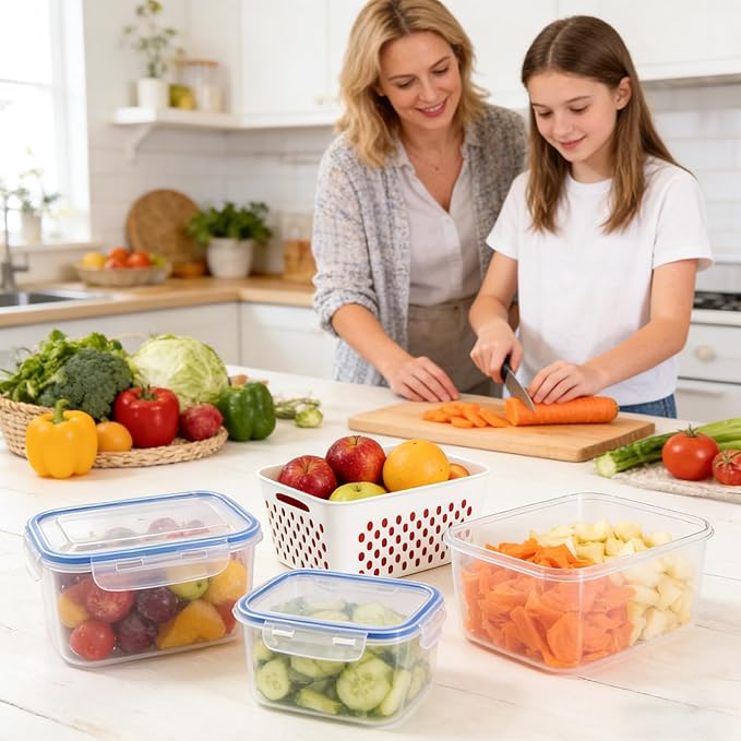 4 in 1 Food Storage Container, 3Pcs Fruit Storage Containers for Fridge with Removable Colanders, Produce Keeper Containers for Fridge with Lid and Strainer