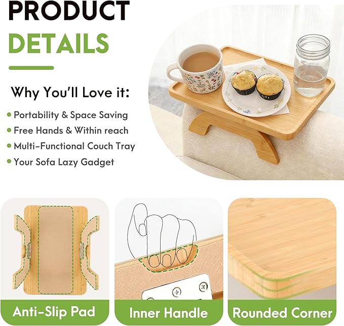 SINWANT Couch Arm Table Tray, Bamboo Sofa Arm Clip on Side Tables, Foldable Arm Rest Table for Home, Couch Arm Tray for Small Spaces Drink Eating Dinner