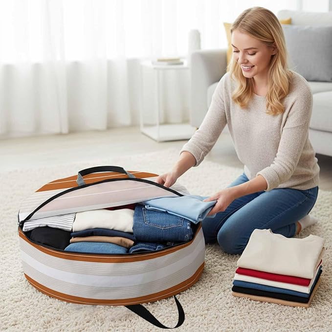 Storage Bag Cream Striped Round Storage Totes Bins Closet Organizers with Zippers & Handle Ombre Caramel Stripes Clothes Storage Container for Bedroom Dorm Space Saving Packing Supplies Moving Bags