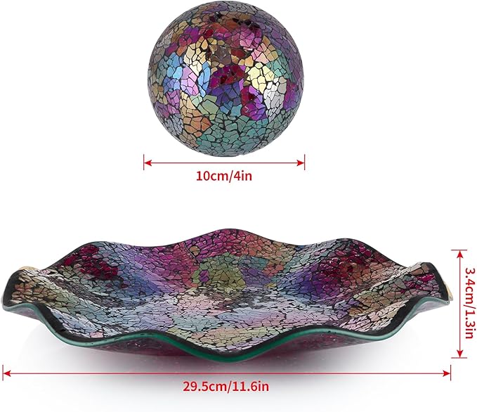 MDLUU Centerpiece Bowl and Balls Set, Mosaic Tray with 3 Pieces Spheres, 12" Decorative Plate with 4" Mosaic Orbs for Home Decor, Gift (Multicolored Purple)
