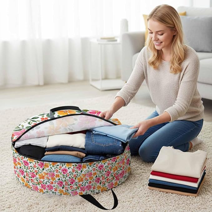Red Yellow Floral Round Storage Bag 36 Inch, Retro Spring Leaves Flower Clothes Storage Container with Handles Heavy Duty Organizer for Comforter, Bedding & Holiday Wreaths