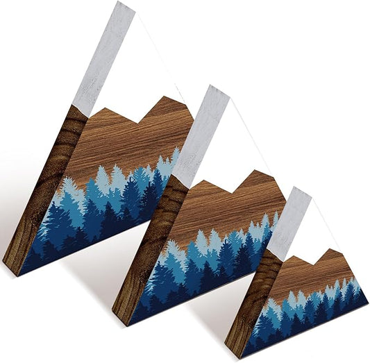 Maitys 3 Pcs 3 Size Mountain Shelf Decor Mountain Wooden Sign Farmhouse Wood Forest Sign Woodland Nursery Decor Travel Adventure Table Centerpiece for Home Farmhouse(Blue)