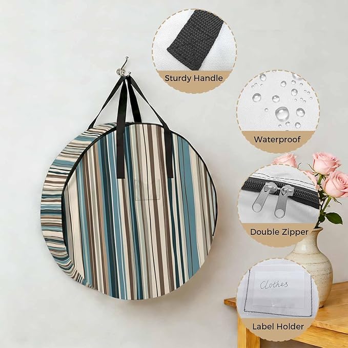 Boho Vertical Stripe Round Storage Bag 30 Inch, Green Beige Simple Lines Clothes Storage Container with Handles Heavy Duty Organizer for Comforter, Bedding & Holiday Wreaths