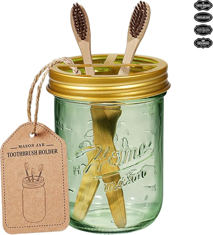 SheeChung Mason Jar Toothbrush Holder, Green Glass Toothbrush Holder for Bathroom Countertop Organizer, Stainless Steel Lid, Electric Toothbrush Toothpaste Holder Storage, Gold Bathroom Accessories