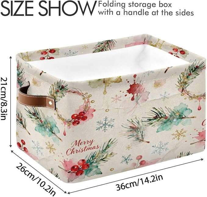 Christmas Storage Bins, Collapsible Canvas Organizer Baskets with Handles, 14.2x10.2x8.3 Inches, Holiday Pattern, Water-Resistant, for Home Bedroom Closet