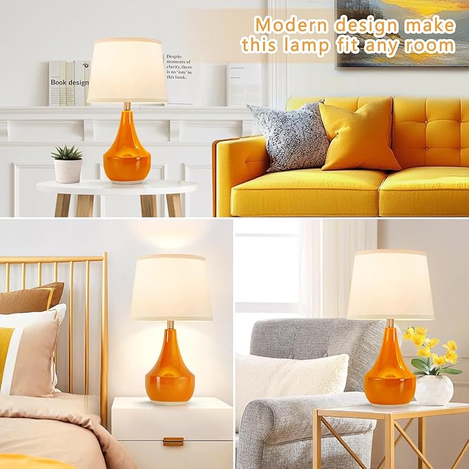 GyroVu 18" Table Lamp Set of 2, Ceramic Lamp Classic Beside Lamps Nightstand Lamp Modern Table Lamp for Living Room, Bedroom & Office Rocker Swtich Orange-LED Bulbs Included