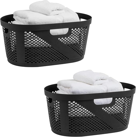 Mind Reader 40L Ventilated Laundry Baskets, Lightweight Clothes Hamper with Cutout Handles for Bathrooms and Closets, Plastic, Set of 2, Black