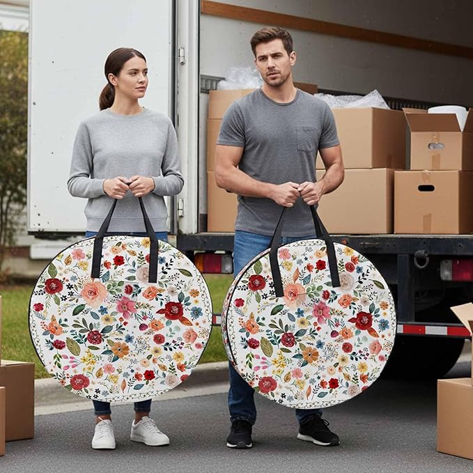 Storage Bag Cream Floral Round Storage Totes Bins Closet Organizers with Zippers & Handle Farmhouse Vintage Flower Clothes Storage Container for Bedroom Dorm Space Saving Packing Supplies Moving Bags