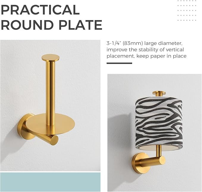 Vertical Tray Toilet Paper Holder, Aomasi 304 Stainless Steel Tissue Roll Hanger with Round Plate, Brushed Gold Bathroom Kitchen Paper Roll Dispenser Wall Mounted