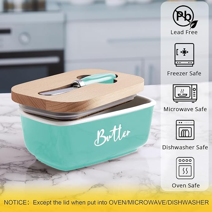 ALELION Turquoise Butter Dish with Lid and Knife for Countertop, Ceramic Butter Container with Beech Wood Lid, Airtight Butter Keeper for Counter or Fridge, for Teal Kitchen Decor and Accessories