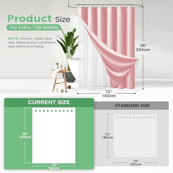 Dynamene Extra Long Shower Curtain and Liner Set - 96 inch Tall Waffle Fabric, Waterproof Clear Liner, Heavy Duty Weighted Hotel Luxury Cloth Shower Curtains for Bathroom with 12 Hooks, 72x96, Pink