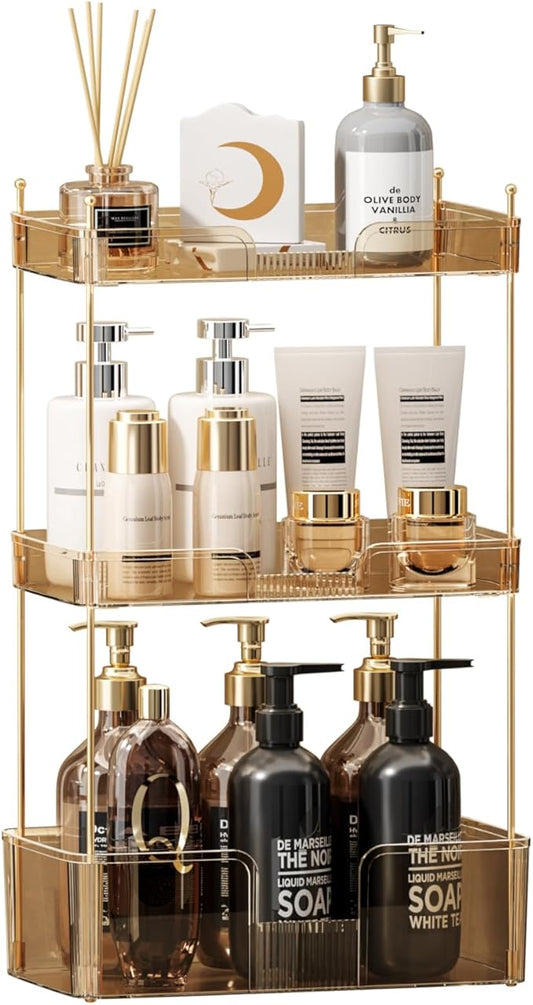 Akinbas 3 Tier Bathroom Organizer Countertop Makeup Perfume Tray Skincare Organizer for Bathroom Dresser Vanity (Gold)
