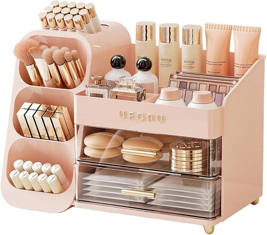 Makeup Organizer for Vanity with Brush Holder, Large Plastic Bathroom Countertop Skincare Organizer with 2 Drawers, Spacious Cosmetic Display Case for Perfumes, Eyeshadow Palettes, Nail Polishes
