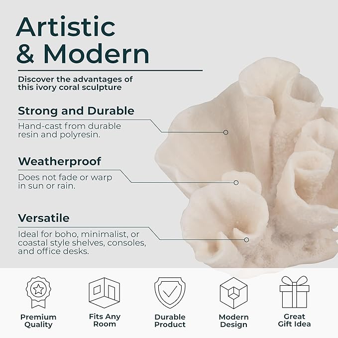 Decorative Coral Inspired Sculpture for Home, Bathroom, Room and Living Room Decor - Resin Ornaments for Shelf & Office Display - Coastal Figurine for Coffee Table Decor - 6", Ivory & Tan