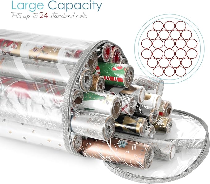 Hearth & Harbor Wrapping Paper Storage Container - Clear Wrapping Paper Holder Fits Up To 14 Rolls of 40" - Tear Proof Gift Wrap Organizer - Premium Bag for Easy Carrying, Silver