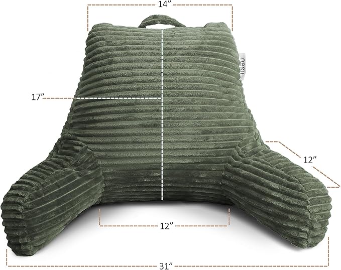 Nestl Olive Green Reading Pillow with Bed Desk for Laptop and Writing, Luxe Cut Plush Back Pillow for Sitting Up, Back and Arms Adjustable Support for Adult and Teens, Foldable Lap Desk for Bed 22x14”
