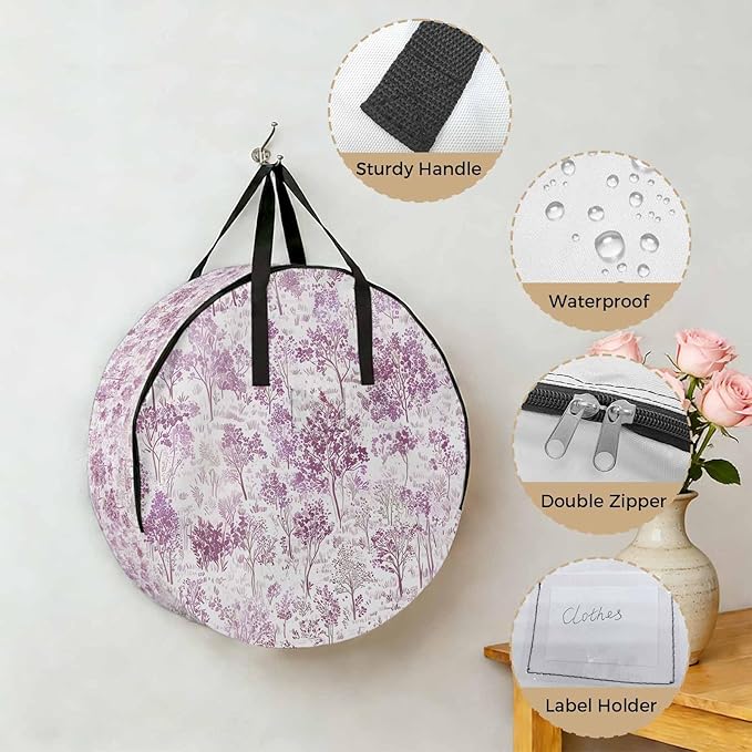 Storage Bag Maple Tree Pine Round Storage Totes Bins Closet Organizers with Zippers & Handle Watercolor Plants Purple Clothes Storage Container for Bedroom Dorm Space Saving Packing Supplies Bags
