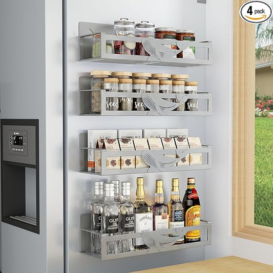 Magnetic Spice Rack for Refrigerator, 4 Pack Metal Magnetic Shelf Organizer for Fridge Side, Strong Spice Storage Rack for Kitchen, Gray