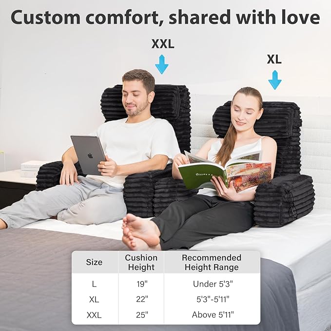 ENITYA Reading Pillow for Bed Sitting Up, 24” XXL Back Support Pillow with Arms & Large Pockets, Adult Backrest for Reading, TV, Gaming, Post-Surgery, Black