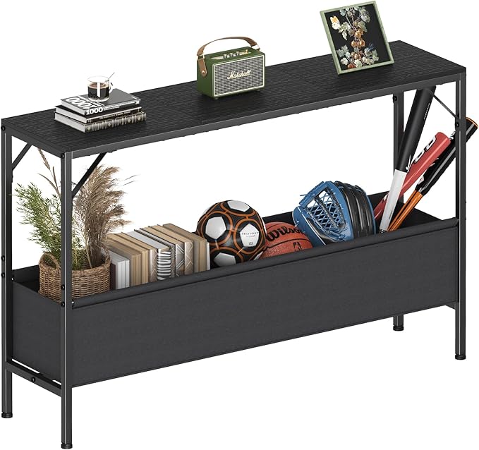 Asgolion Narrow Console Table, 47.2" Long Entryway Table with Storage Basket, Hallway Table, Mordern Industrial Sofa Tables for Living Room, Bedroom, Foyer, Office, Anti-tip Kit, Black