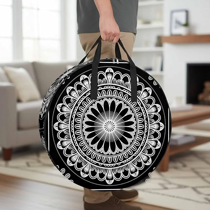 Storage Bag Black Boho Floral Pattern Round Storage Totes Bins Closet Organizers with Zippers & Handle Ethnic Bohemian Lines Clothes Storage Container for Bedroom Dorm Space Saving Packing Supplies