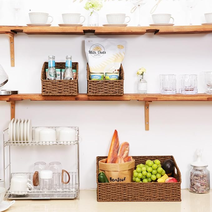 Pantry Organizers, Large Wicker Baskets for Shelves, Labeled Storage Baskets for Organizing with Handles - Paper Storage Bins for Shelves, 3 Pack, Brown