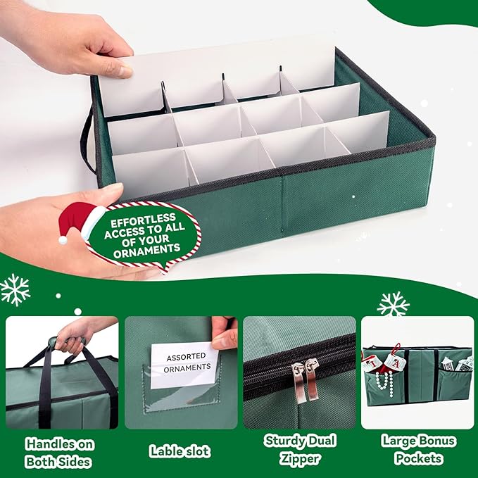 Christmas Ornament Storage Box, Ornament Storage Container with 8 Trays, Xmas Decoration Organizer Holds Up to 128 Decoration Balls, Durable 600D Oxford Material（Green）