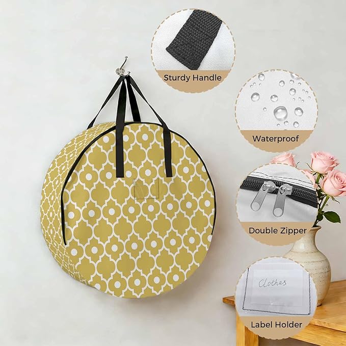 Storage Bag Retro Moroccan Design Round Storage Totes Bins Closet Organizers with Zippers & Handle Yellow Geometric Pattern Clothes Storage Container for Bedroom Dorm Space Saving Packing Supplies