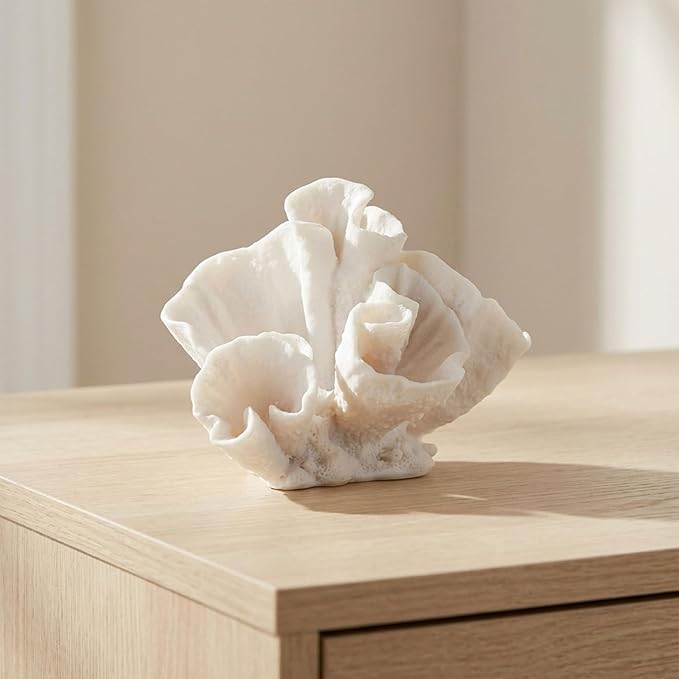 Decorative Coral Inspired Sculpture for Home, Bathroom, Room and Living Room Decor - Resin Ornaments for Shelf & Office Display - Coastal Figurine for Coffee Table Decor - 6", Ivory & Tan