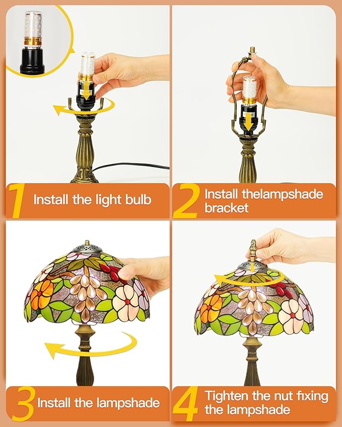 Table Lamp Hand-Made Grape Rose Stained Glass Table Lamps Bedside Nightstand Lamp for Bedroom, Living Room, Home Office Desk Lamp,Home Deco Art, W/LED E27 Bulb,12X12X18Inch