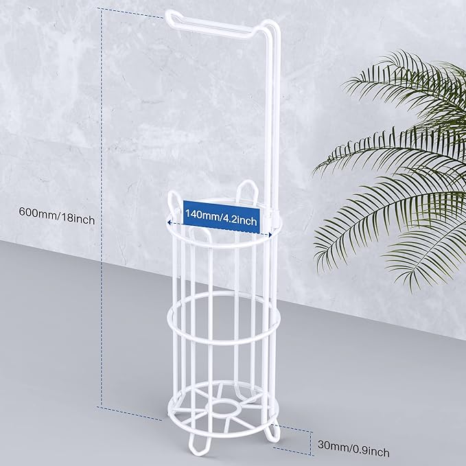 Meangood Toilet Paper Holder Stand and Tissue Paper Roll Dispenser for 4 Mega Rolls, Bathroom Free Standing Tissue Roll Storage Holder Rack, Metal Wire White