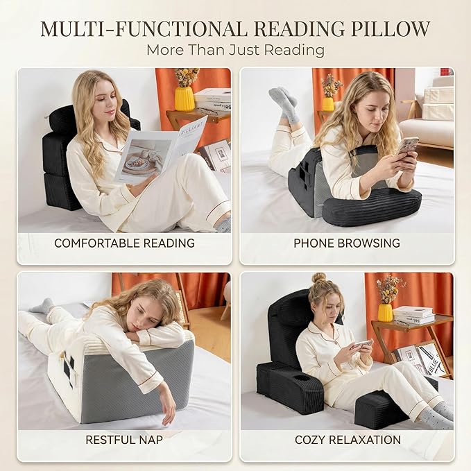 AS AWESLING Reading Pillow for Adults, Back Pillow for Bed Sitting Up, Backrest Pillow for Sitting in Bed, Detachable Arms with Built-in Cup & Phone Caddy (Beige-Corduroy, 21 INCH)