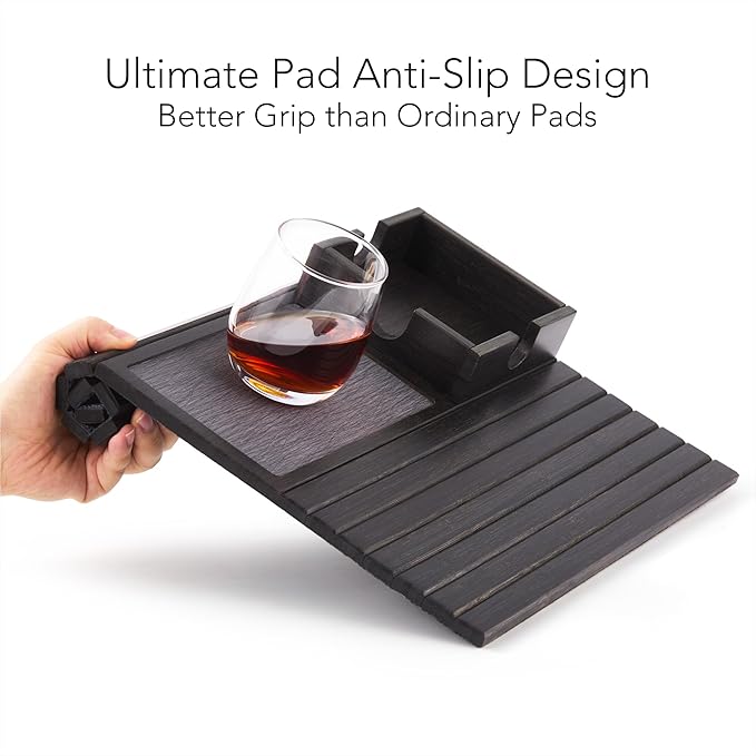 Detor Couch Cup Holder Tray with Super Anti-Slip Pad, Large 4.5" x 4.5" Organizer, Black-Stained Bamboo Finish, Enhanced Non-Slip Felt Base, Durable Bamboo Slats, Fits Armrests 5.5" and Wider