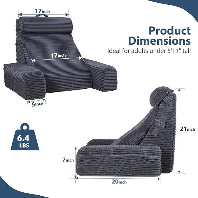 Vekkia Adjustable Reading Pillow & Back Pillow with Backrest – Zoned Multi-Density Foam for Targeted Support, XL Side Pockets – Bed Chair for Reading, Gaming, Relaxing & Post-Surgery Recovery